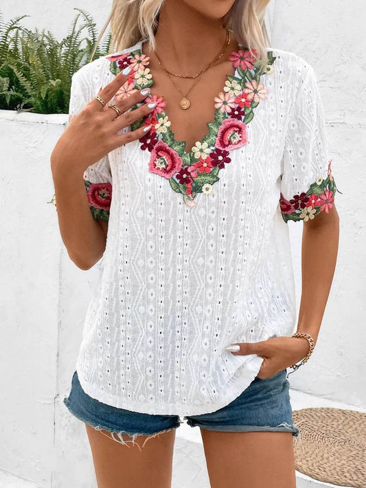 🌸✨ Ivy Lane Eyelet Embroidered V-Neck Short Sleeve Blouse 🌼💕 - Patelcreations