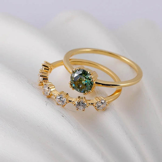 1 Carat Green Moissanite 925 Sterling Silver 2-Piece Ring Set - 18K Gold Plated - Patelcreations