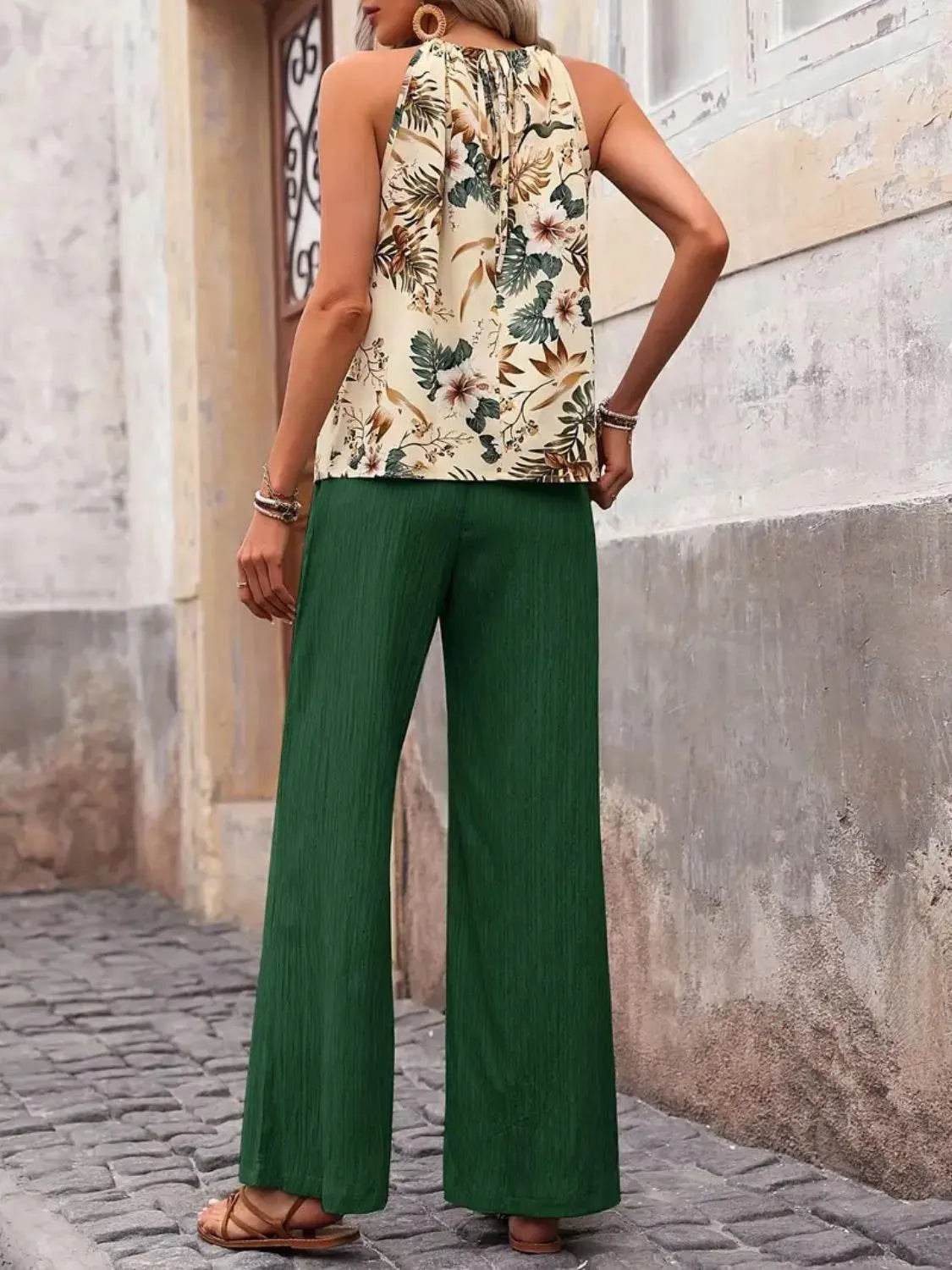 🌿 Meadow Glow Printed Tank Top and Wide Leg Pants Set - Patelcreations