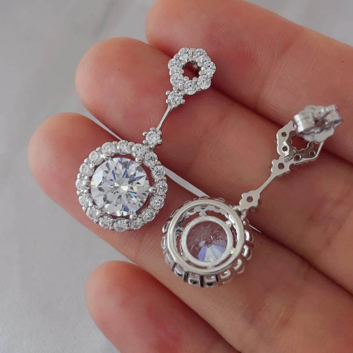4 Carat Moissanite Crystal Drop Dangle Earrings - Platinum Plated Halo Design - Patelcreations