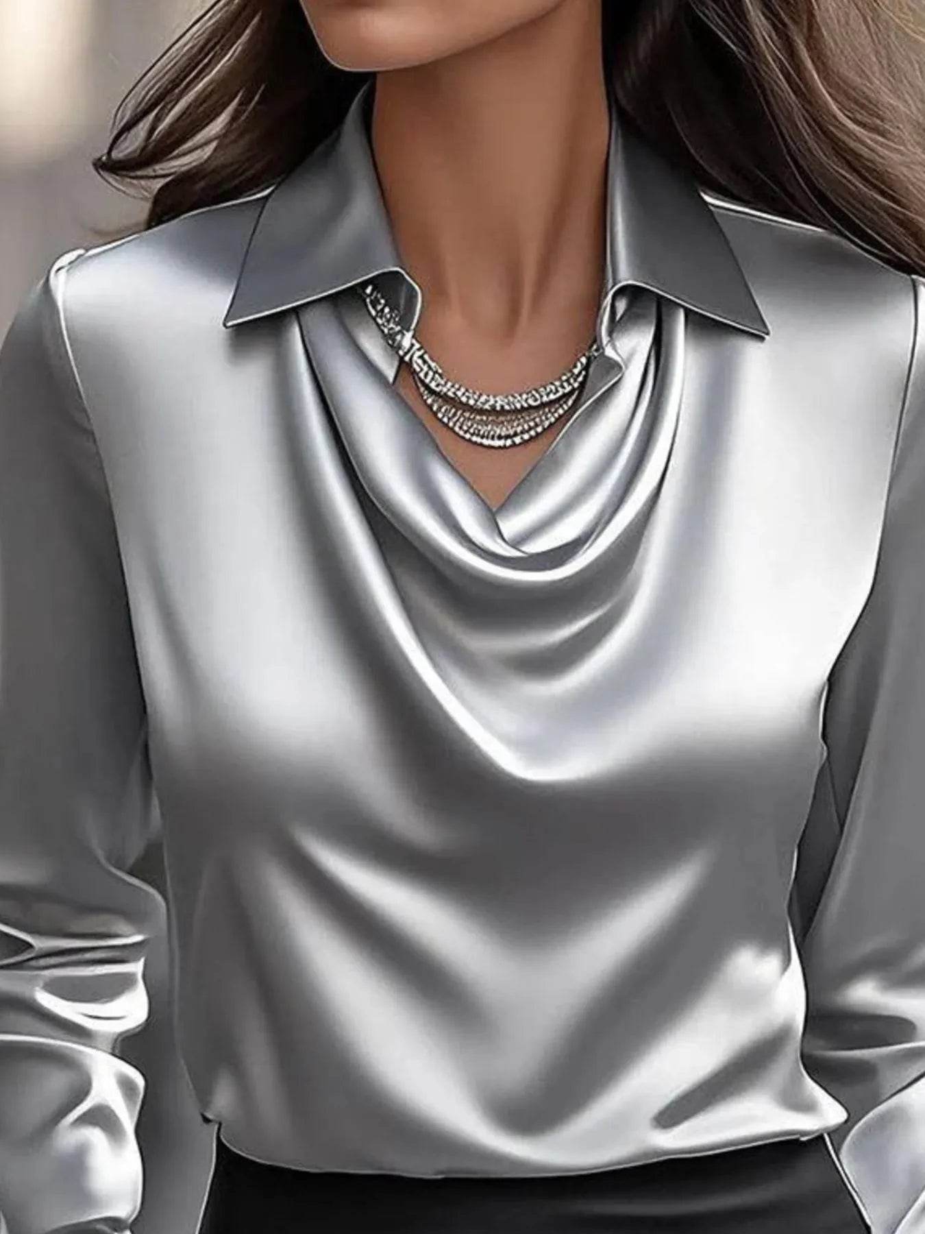 ✨👔 Elegant Collared Neck Long Sleeve Satin Blouse - Plus Size Available 💼🌟 - Patelcreations