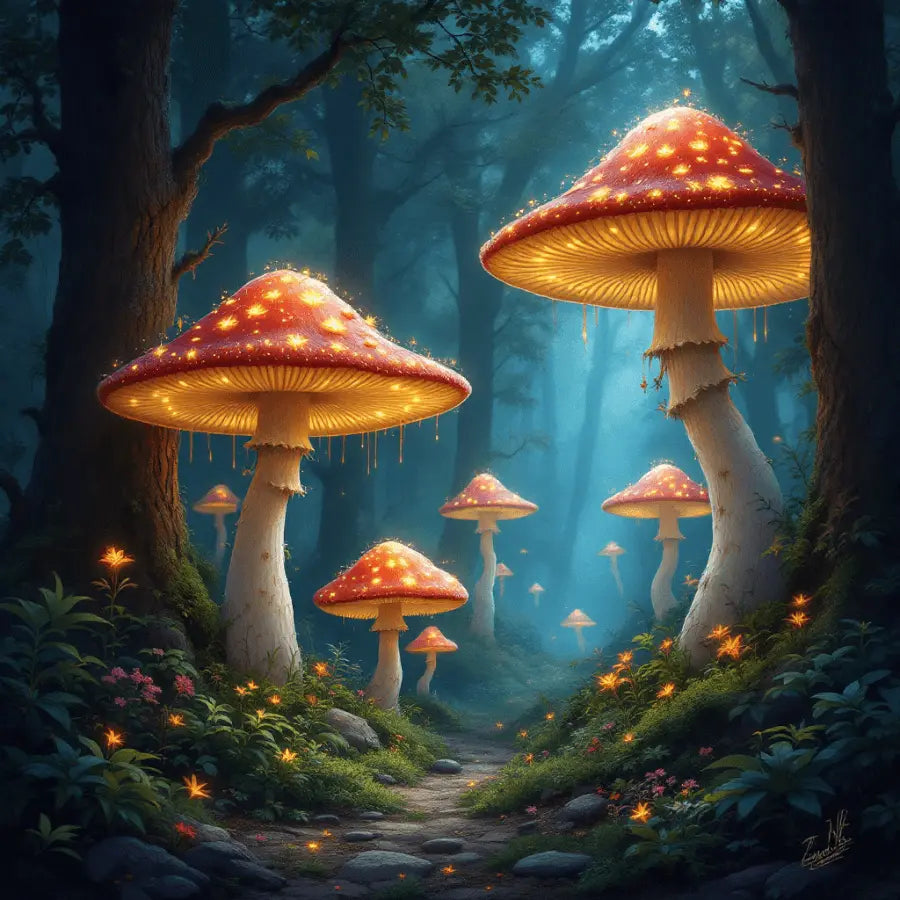 Enchanted Forest Glow – Mystical Digital Wall Art with Glowing Mushrooms