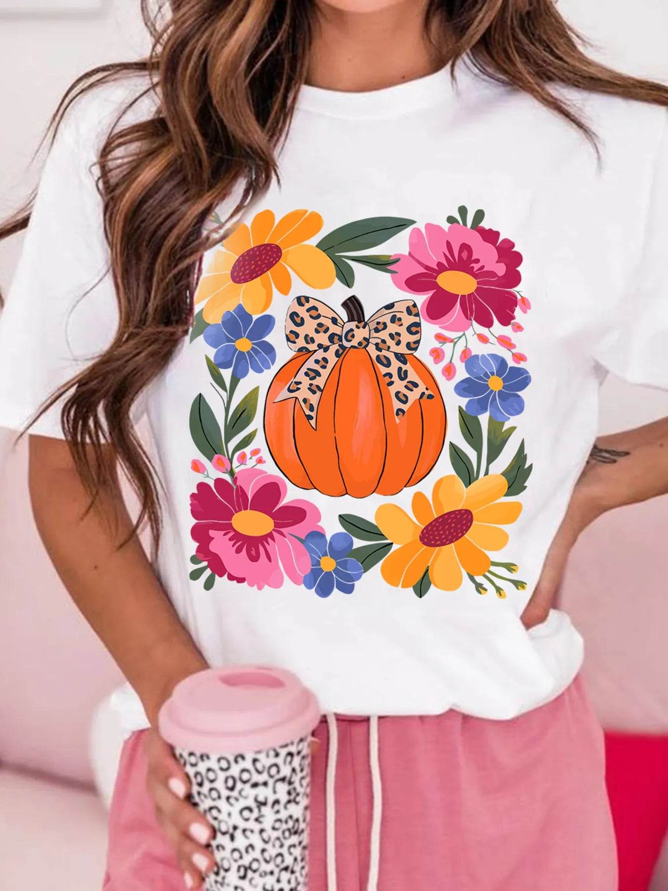 🎃🌸 Pumpkin Floral Graphic Round Neck T-Shirt 🍂✨ - Patelcreations