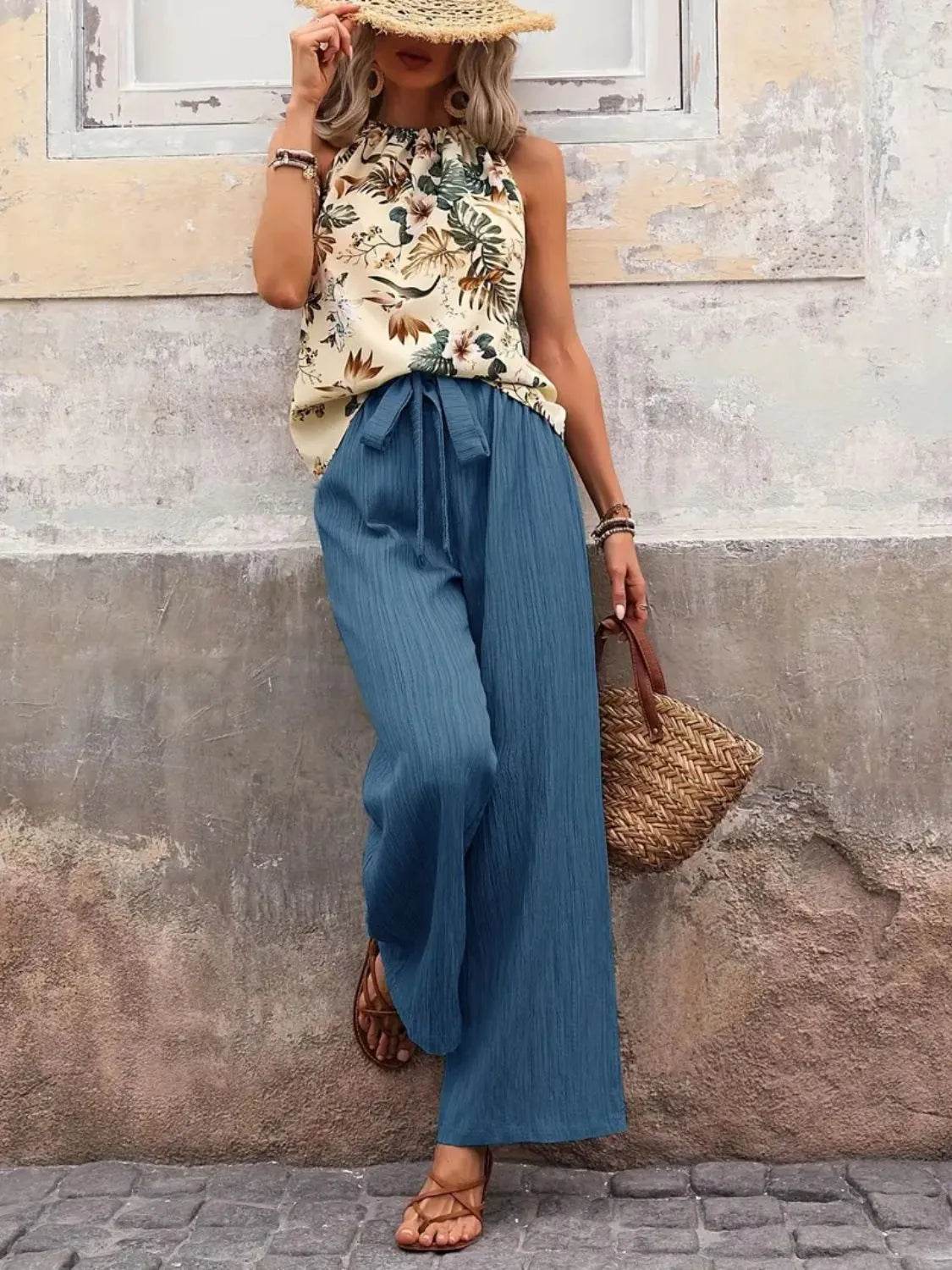 🌿 Meadow Glow Printed Tank Top and Wide Leg Pants Set - Patelcreations