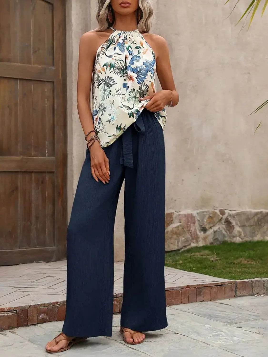 🌿 Meadow Glow Printed Tank Top and Wide Leg Pants Set - Patelcreations