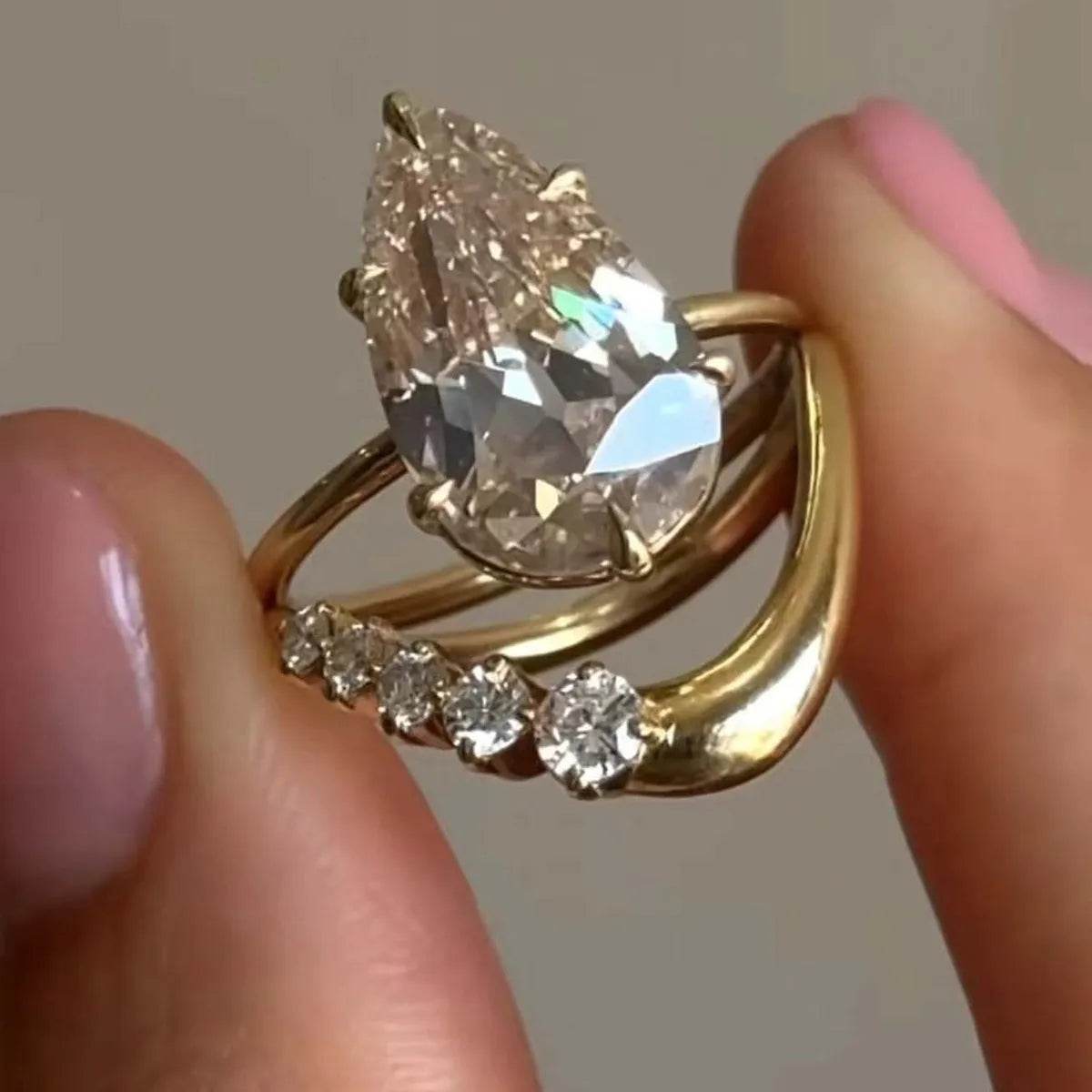1.5 Carat Moissanite Teardrop Ring 2-Piece Set - 18K Gold Plated Bridal Set - Patelcreations