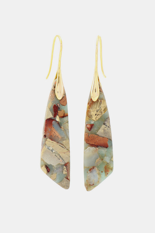 Pair of teardrop-shaped earrings with natural stone pattern on a light gray background