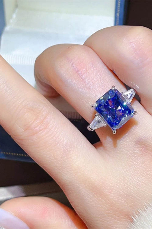 5 Carat Deep Blue Moissanite Ring - Platinum Plated Three Stone Emerald Cut - Patelcreations