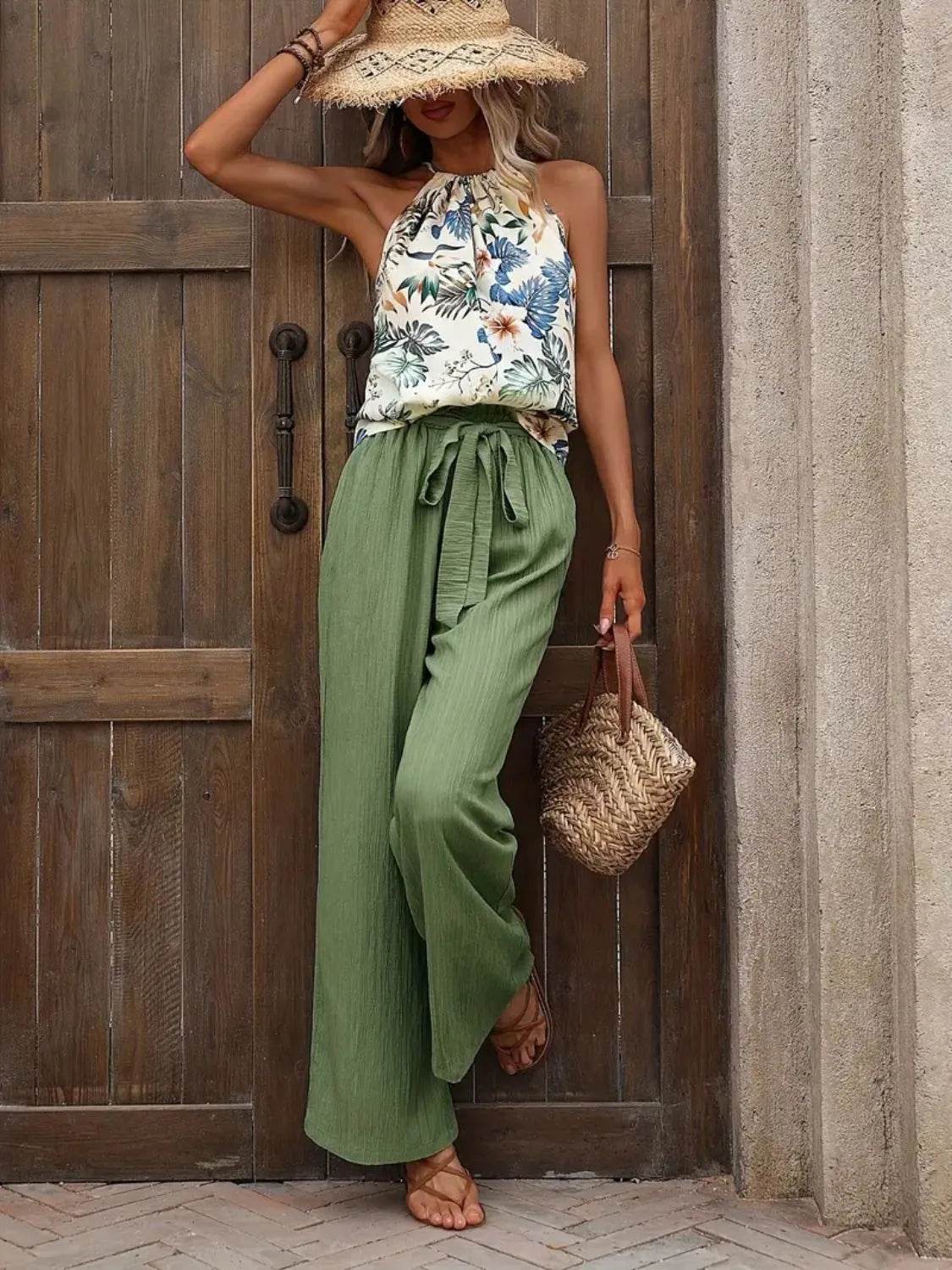 🌿 Meadow Glow Printed Tank Top and Wide Leg Pants Set - Patelcreations