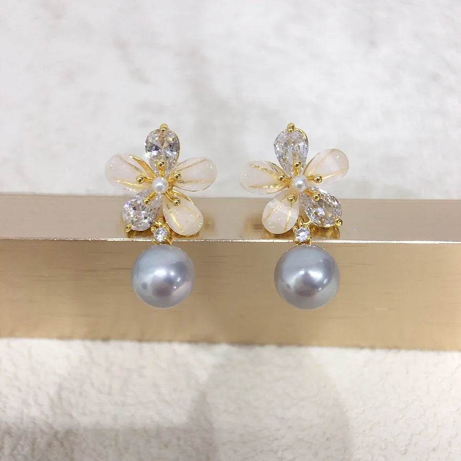 925 Sterling Silver Floral Pearl Stud Earrings - White & Gray Pearl Options - Patelcreations