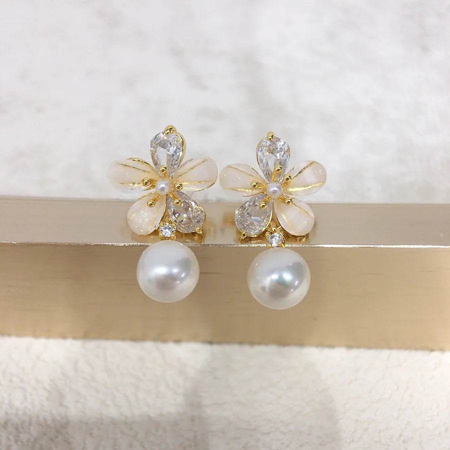 925 Sterling Silver Floral Pearl Stud Earrings - White & Gray Pearl Options - Patelcreations