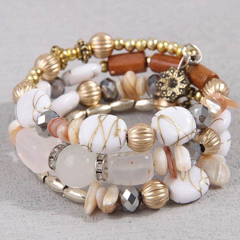 Waterproof Boho Beaded Bracelet Stack Set - 3 Piece Vintage Stone & Gold Plated Stretch Bracelets - Patelcreations