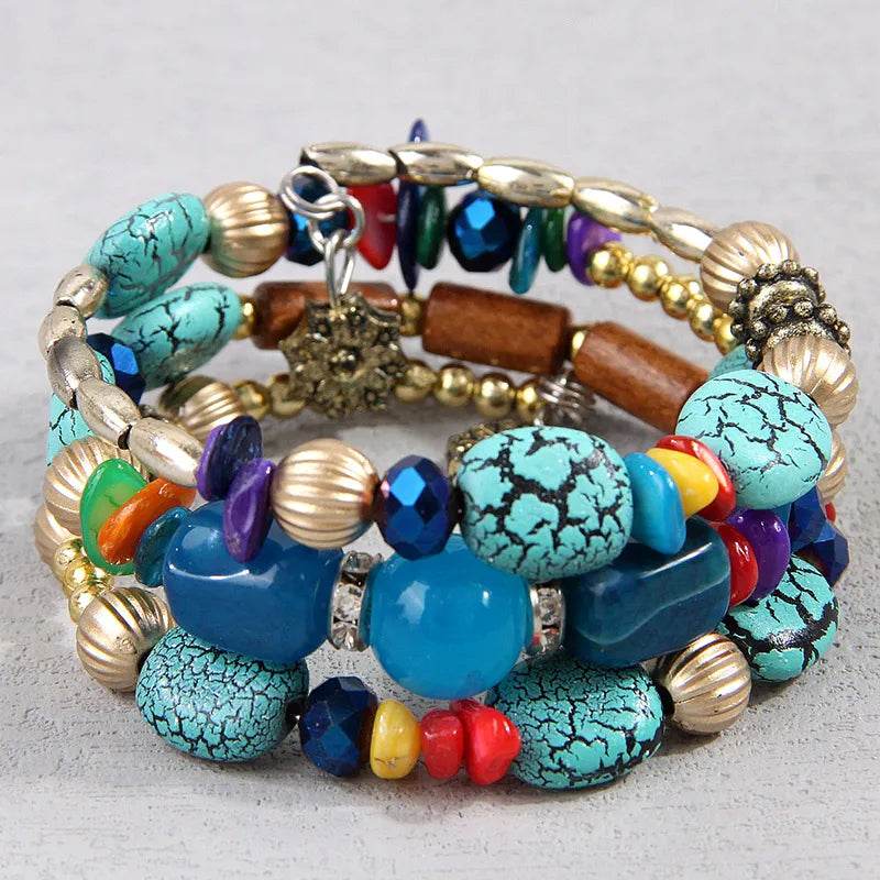 Waterproof Boho Beaded Bracelet Stack Set - 3 Piece Vintage Stone & Gold Plated Stretch Bracelets - Patelcreations