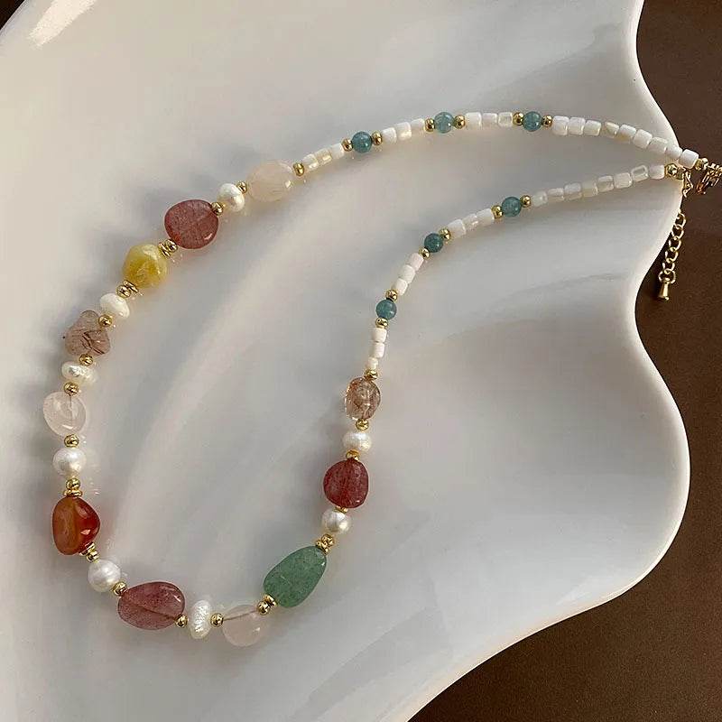 Mixed Stone Pearl Necklace - Freshwater Pearl Agate Geometric Beaded Chain - 18K Gold Plated - Patelcreations