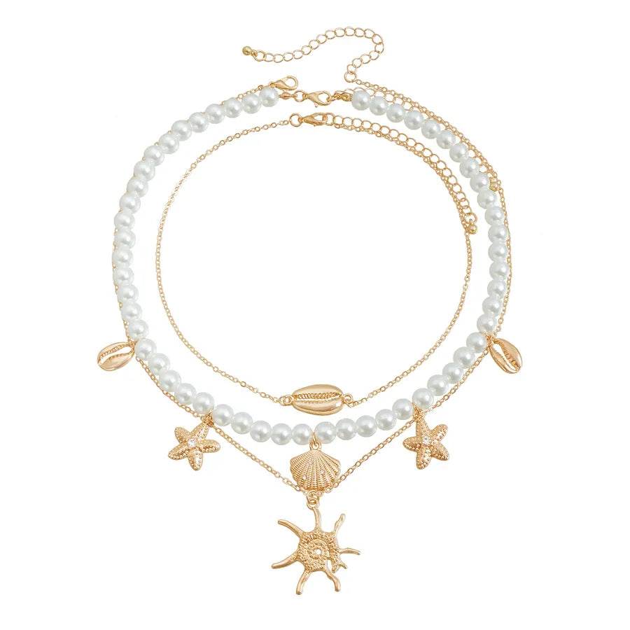 Ocean Dreams Layered Pearl Necklace Set - Starfish & Shell Charms - Patelcreations
