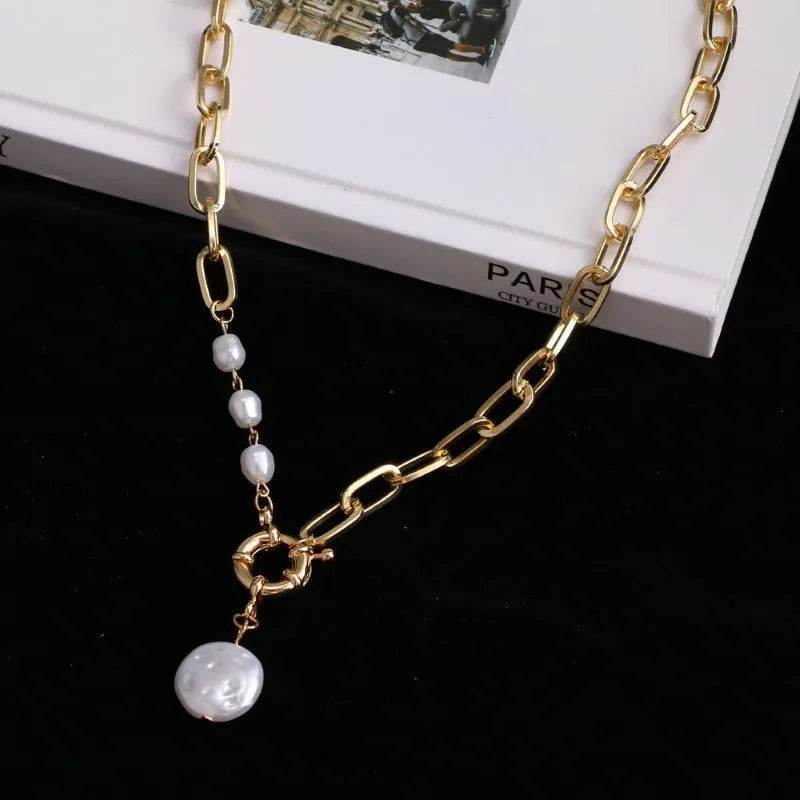 Gold Chain Link Baroque Pearl Necklace - Modern Toggle Clasp - Patelcreations