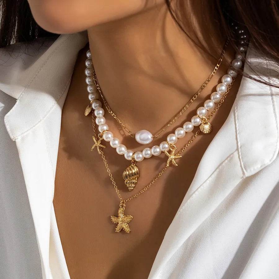 Layered Beach Necklace Set - Baroque Pearl & Starfish Chains - Patelcreations