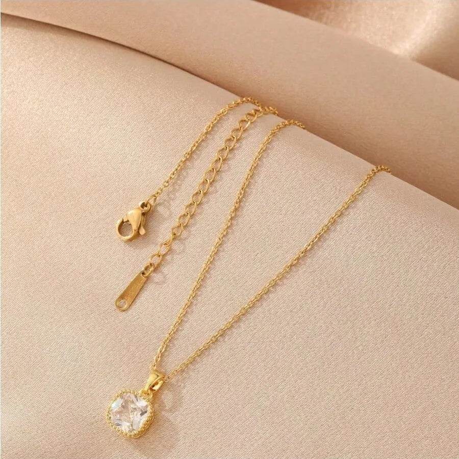 Waterproof Crystal Square Pendant Necklace - 316 Stainless Steel 18K Gold Plated - Patelcreations