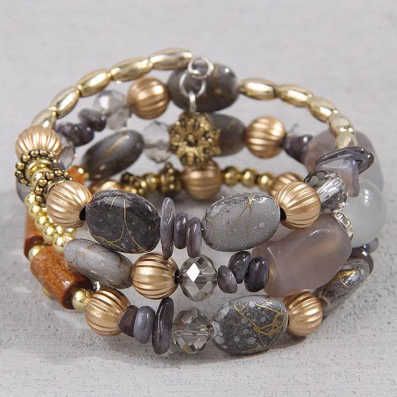 Waterproof Boho Beaded Bracelet Stack Set - 3 Piece Vintage Stone & Gold Plated Stretch Bracelets - Patelcreations