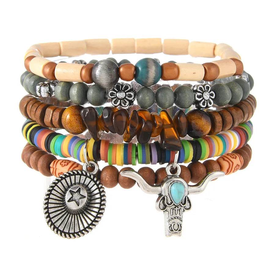 5-Piece Southwestern Boho Bracelet Stack - Handmade Beaded Jewelry with Western Charms - Patelcreations