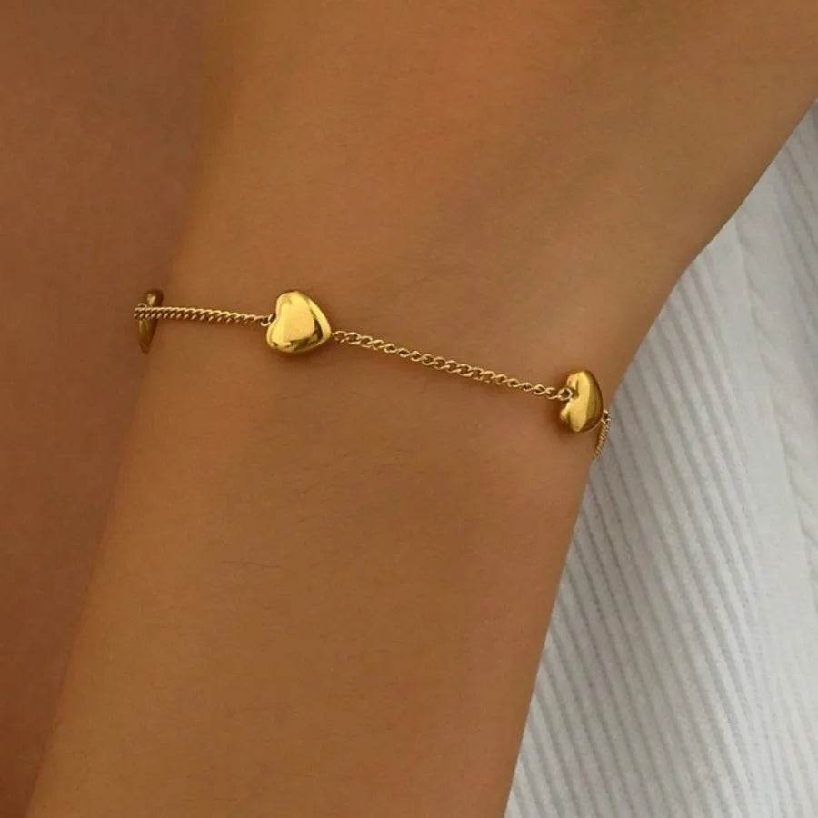 Waterproof Heart Station Bracelet - 316 Stainless Steel 18K Gold Plated Cuban Chain - Patelcreations