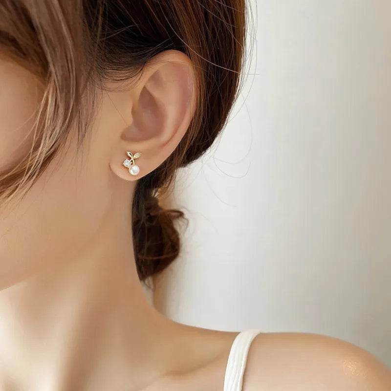 Cherry Blossom Pearl Stud Earrings - 14K Gold Plated Delicate Floral Design - Patelcreations
