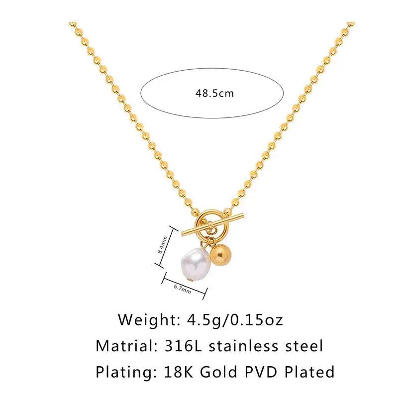 Waterproof Toggle Pearl Pendant Necklace - 316 Stainless Steel 18K Gold Plated - Patelcreations