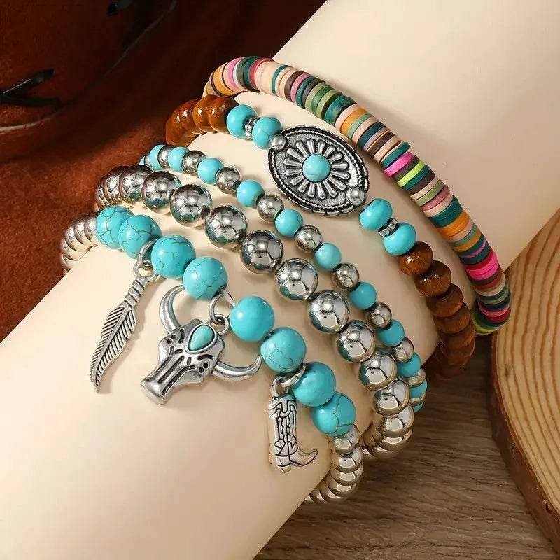 Boho Western Bracelet Set - 5 Piece Turquoise & Wood Beaded Stack with Feather, Bull Skull & Boot Charms - Patelcreations