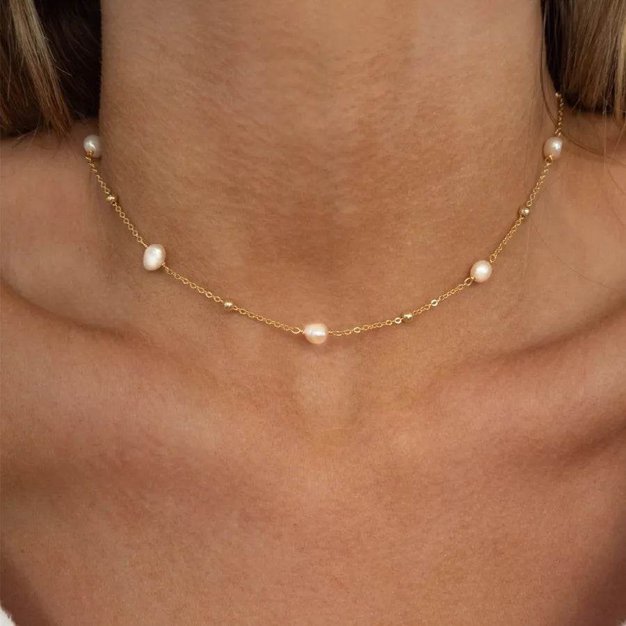 Waterproof Pearl Station Necklace - 316 Stainless Steel 18K Gold Plated | 3 Styles - Patelcreations