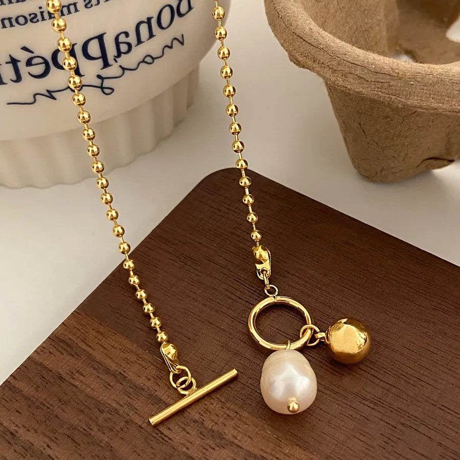 Waterproof Toggle Pearl Pendant Necklace - 316 Stainless Steel 18K Gold Plated - Patelcreations