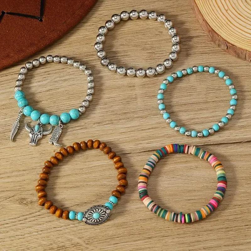 Boho Western Bracelet Set - 5 Piece Turquoise & Wood Beaded Stack with Feather, Bull Skull & Boot Charms - Patelcreations