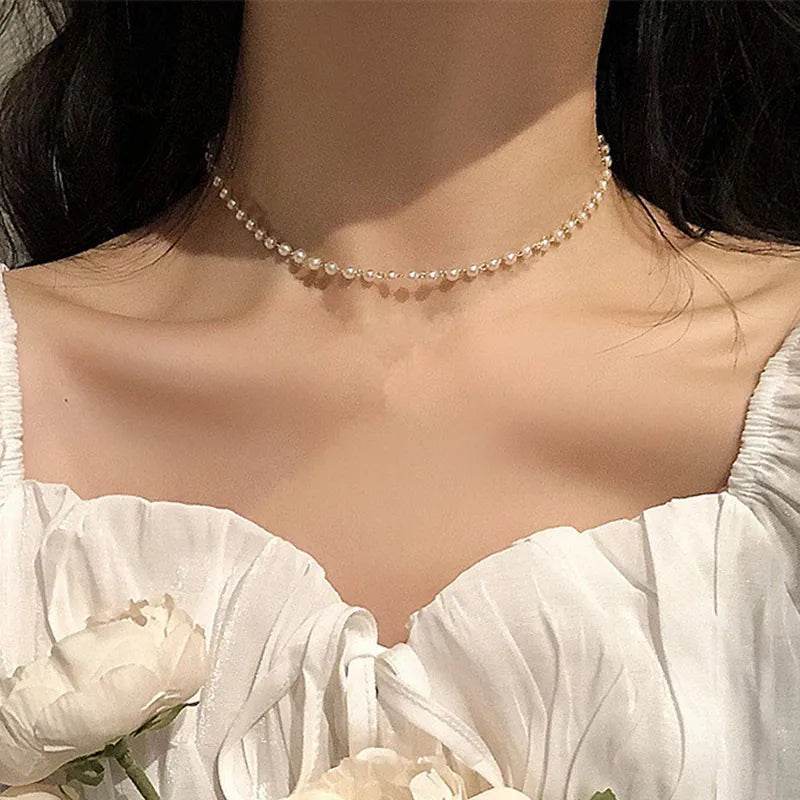 Delicate Pearl Chain Choker - Minimalist Gold Silver Necklace - Patelcreations