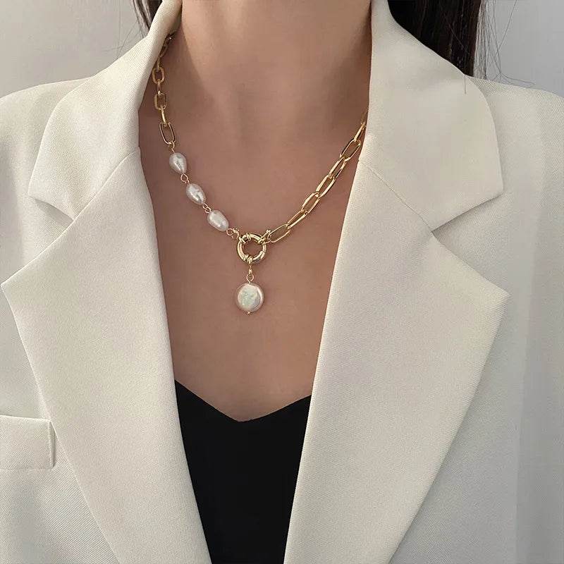 Gold Chain Link Baroque Pearl Necklace - Modern Toggle Clasp - Patelcreations