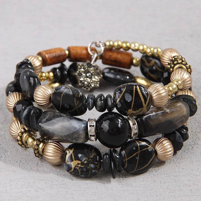 Waterproof Boho Beaded Bracelet Stack Set - 3 Piece Vintage Stone & Gold Plated Stretch Bracelets - Patelcreations