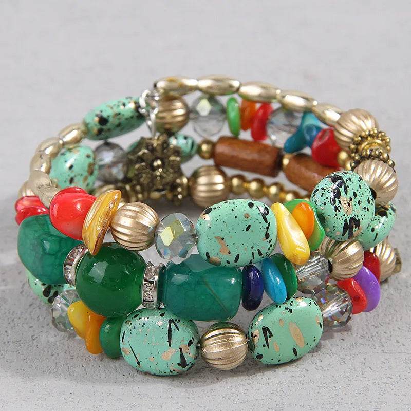 Waterproof Boho Beaded Bracelet Stack Set - 3 Piece Vintage Stone & Gold Plated Stretch Bracelets - Patelcreations