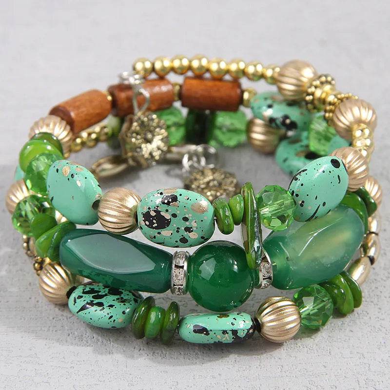 Waterproof Boho Beaded Bracelet Stack Set - 3 Piece Vintage Stone & Gold Plated Stretch Bracelets - Patelcreations