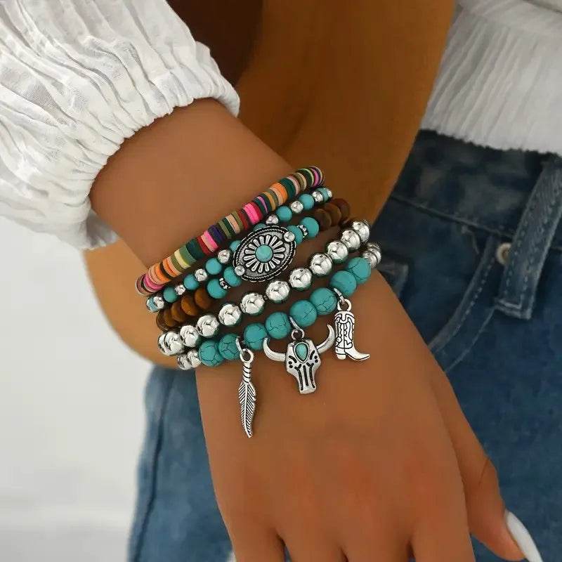 Boho Western Bracelet Set - 5 Piece Turquoise & Wood Beaded Stack with Feather, Bull Skull & Boot Charms - Patelcreations
