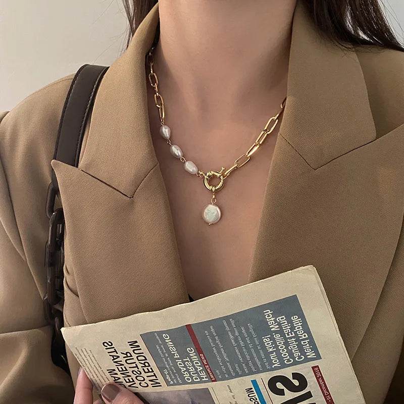 Gold Chain Link Baroque Pearl Necklace - Modern Toggle Clasp - Patelcreations