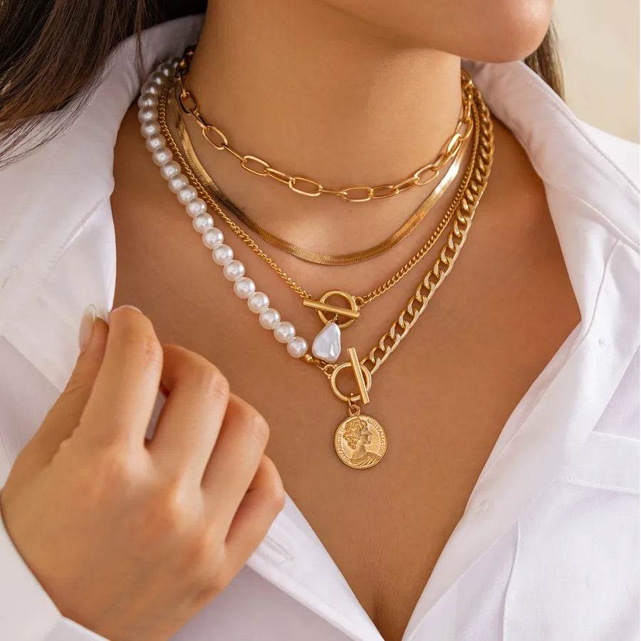 Layered Beach Necklace Set - Baroque Pearl & Starfish Chains - Patelcreations