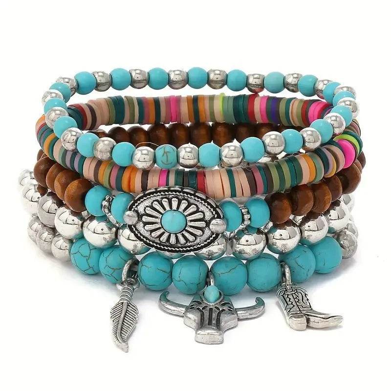 Boho Western Bracelet Set - 5 Piece Turquoise & Wood Beaded Stack with Feather, Bull Skull & Boot Charms - Patelcreations